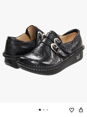 Alegria Black Embossed Leather Espadrille Clogs